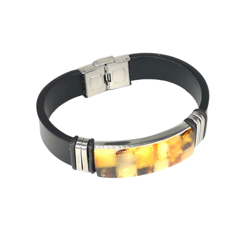 Chunky Mens Leather & Amber Bracelet / Unisex Modern & Natural Healing Jewellery Bracelet - Man-Kave