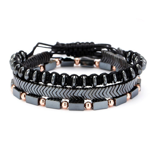 Mens Bracelet Set - Braided Rope / Natural Hematite / Stone - ManKave Gifts & Accessories