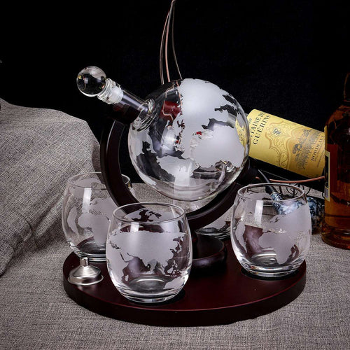 Drinks Globe Decanter Set -  Whiskey Drink Bottle & Glasses - Man-Kave