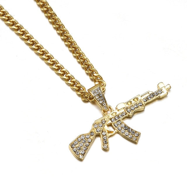 Mens Gun Shape Pendant Crystal Rhinestone Chain Necklace - ManKave Gifts & Accessories