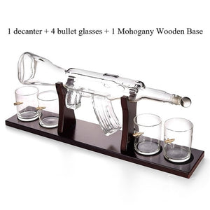 AK47 Gun Whiskey Decanter Glass Set with 4 Bullet Glasses & Mahogany Wooden Base - Exclusive - ManKave Gifts & Accessories
