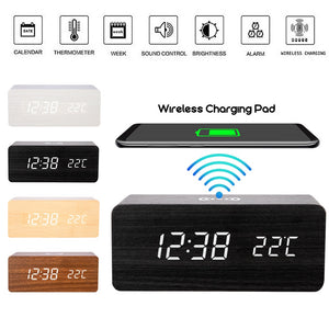 Wooden Alarm Clock With Wireless Charging Pad for Phone - ManKave Gifts & Accessories