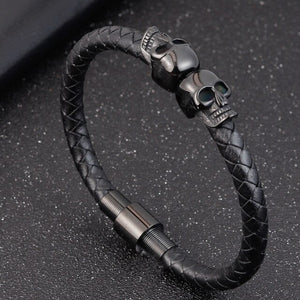 Black Braided Leather Bracelet with Skull detail. - Man-Kave